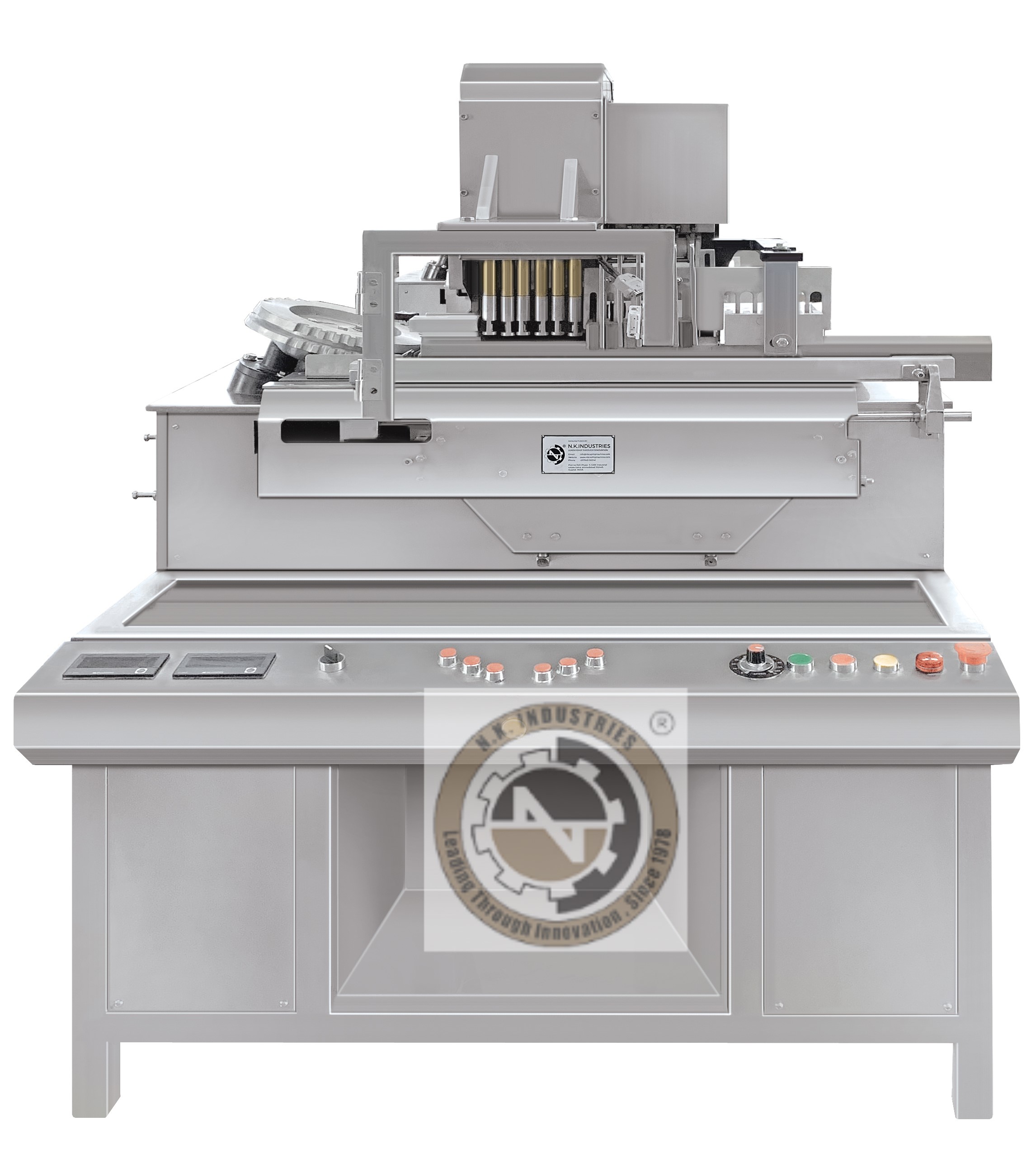 Operator inspecting ampoules on a Semi Automatic Ampoule Inspection Machine by N.K. Industries for quality assurance in pharmaceutical production.
